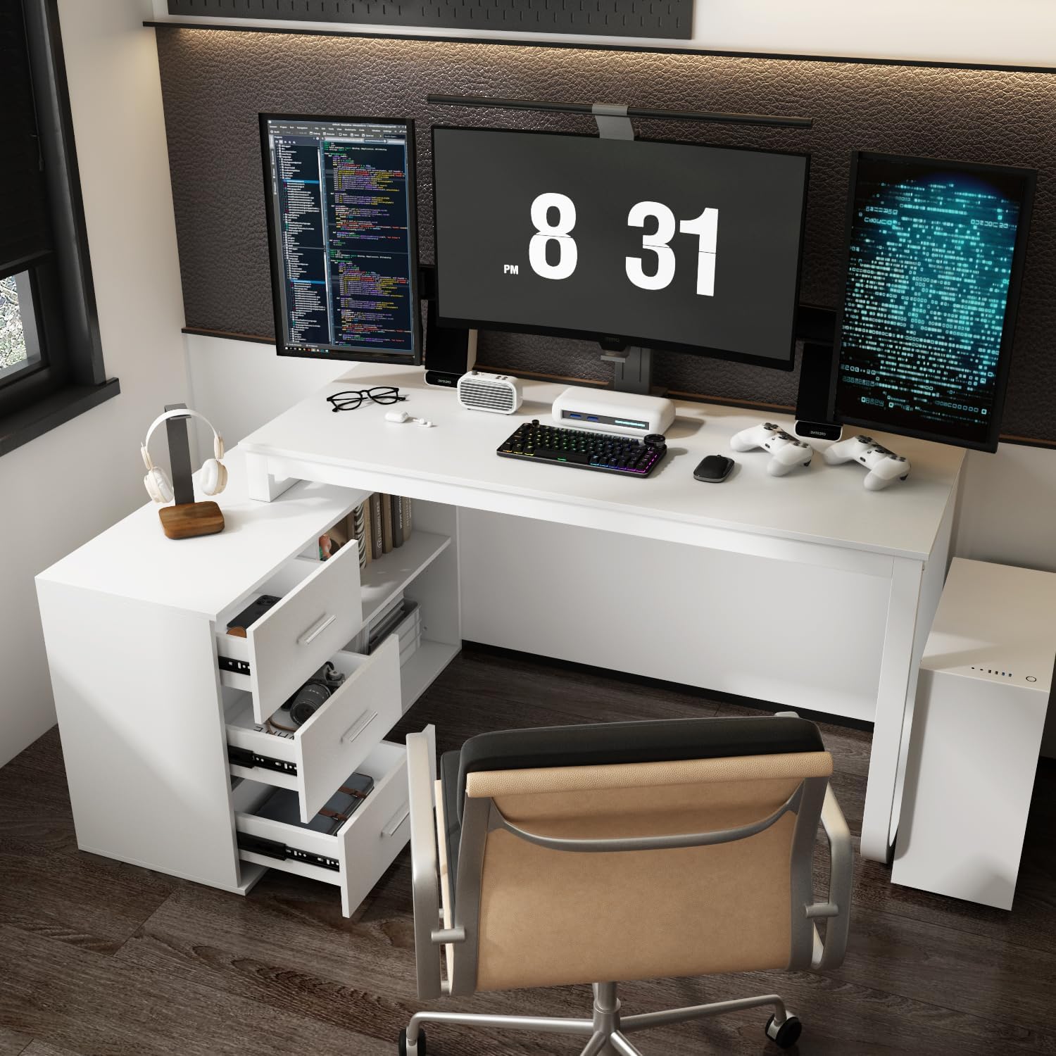 Homsee White L-Shaped Computer Desk with 3 Drawers and 2 Shelves for Writing Study Work Executive, 55 Inch Bedroom Wood Table Workstation Desk with Storage Cabinet