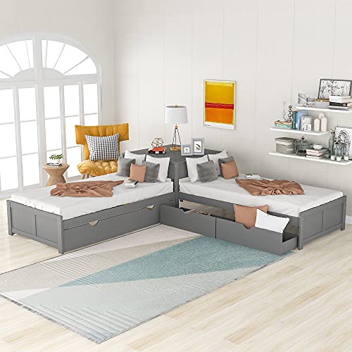 Harper & Bright Designs L-Shaped Corner Platform Beds with Trundle, Wood Double Twin Size Beds with 2 Drawers, Built-in Table for Family Kids Teens Bedroom Furniture (Grey)