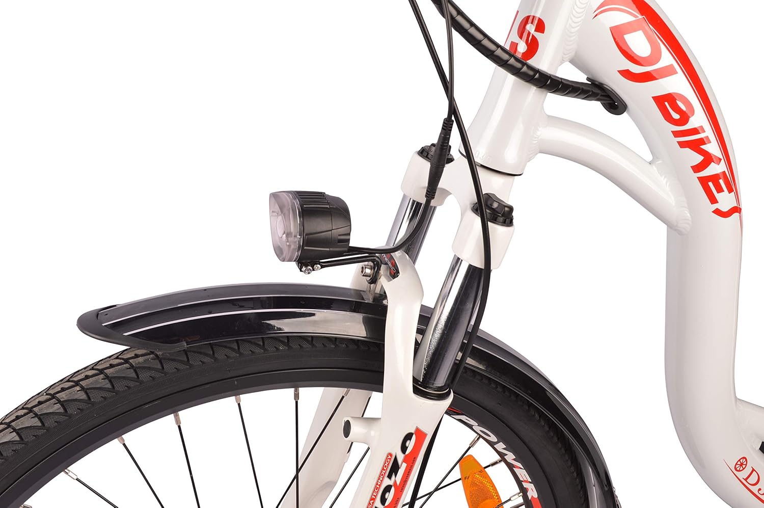 DJ City Bike 750W 48V 13Ah Step-Thru Power Electric Bicycle, Pearl White, LED Bike Light, Fork Suspension and Shimano Gear