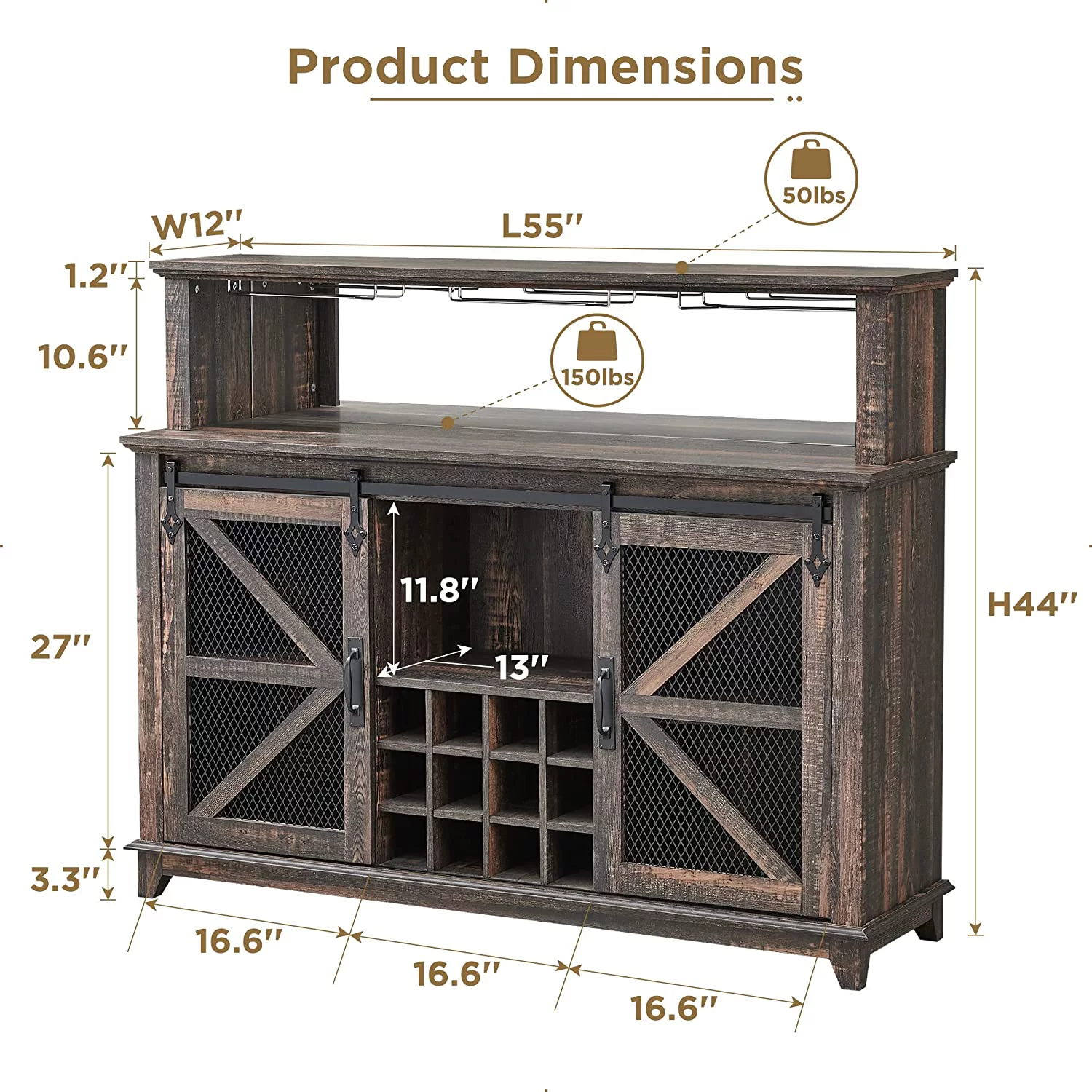 OKD Farmhouse Coffee Bar Cabinet With Racks & LED Light, 55" Double Barn Door Buffet Sideboard Kitchen with Adjustable Shelves(Dark Rustic Oak)
