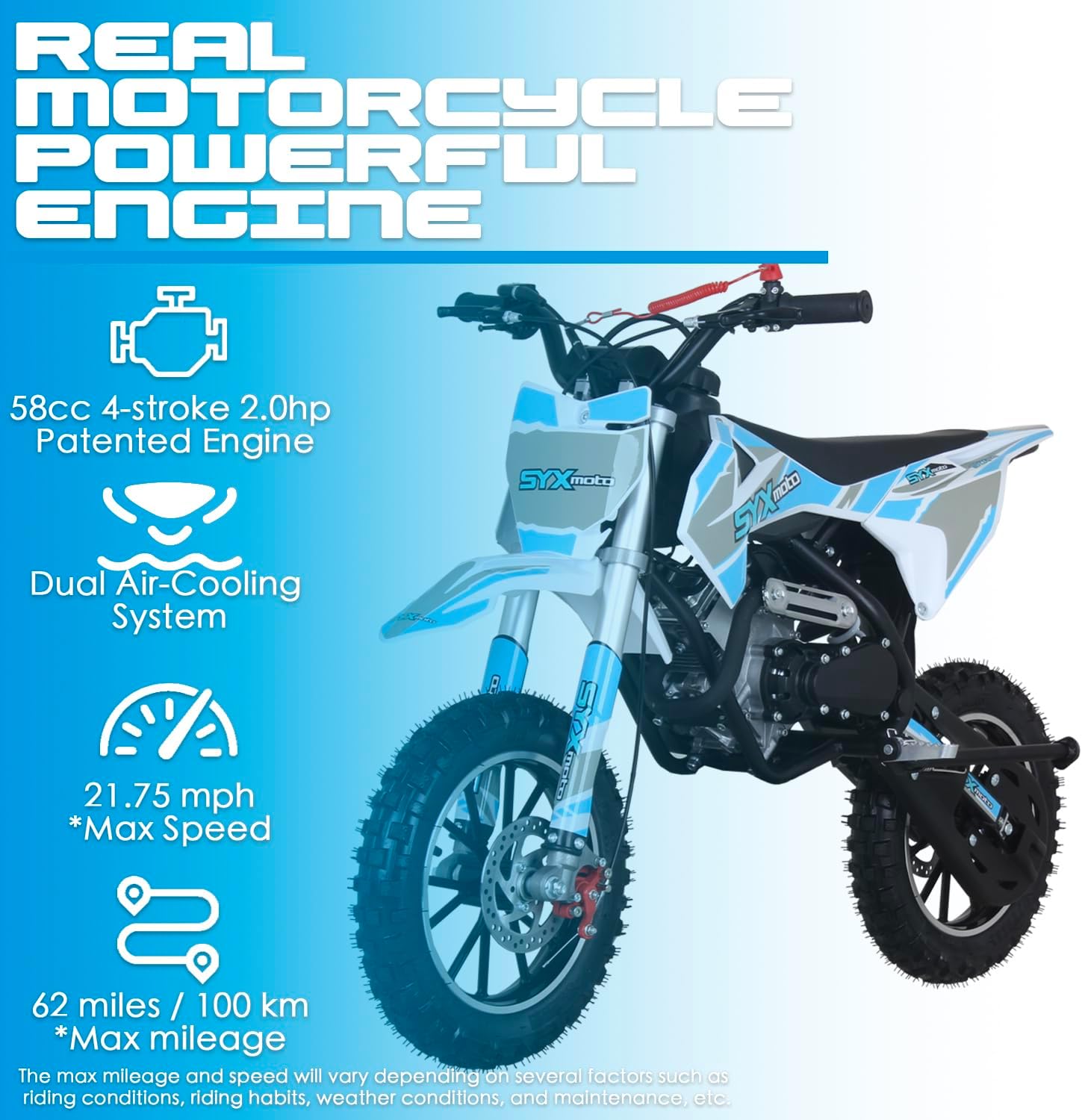 SYX MOTO VK 58cc 4 Stroke Real Motorcycle Engine Gas Powered Powerful Mini Dirt Bike(BLUE/WHITE)