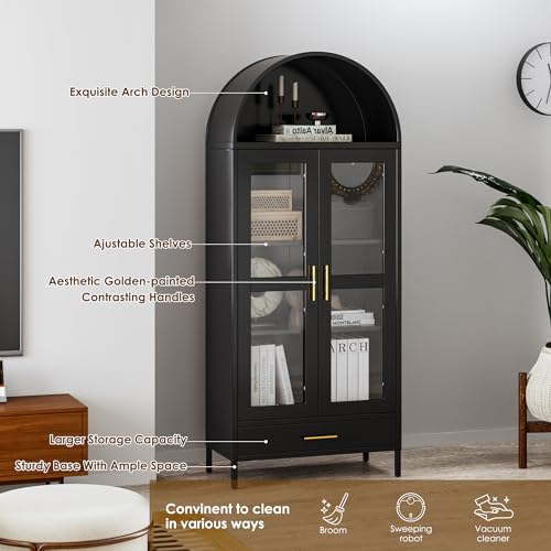 Metal Arched Storage Display Cabinet in Black with Drawer, Arched Cabinets with Glass Doors and Shelves for Living Room, Kitchens and Bedrooms, Assembly Required