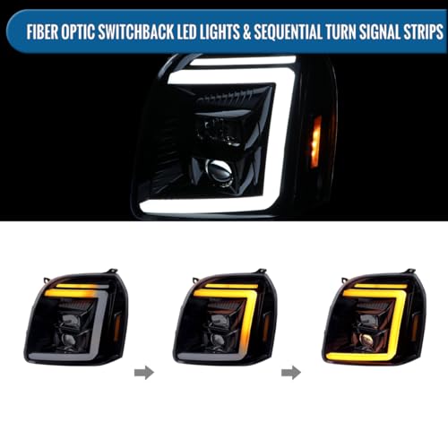 Fits 2007-2014 GMC Yukon XL 1500 2500 Upgraded LED Tube Switchback Sequential Turn Signal Projector Headlights Assembly Pair | Black Smoke