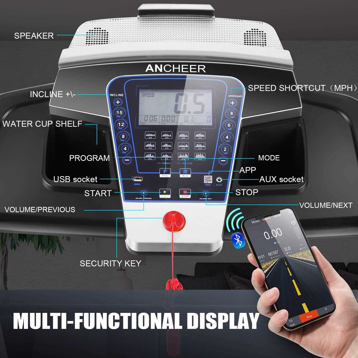 ANCHEER 3.25HP Treadmill with Auto Incline 15%,300lb Capacity APP Folding Treadmills for Home,Electric Smart Control Running Machines with Bluetooth Speaker,LCD Dispaly