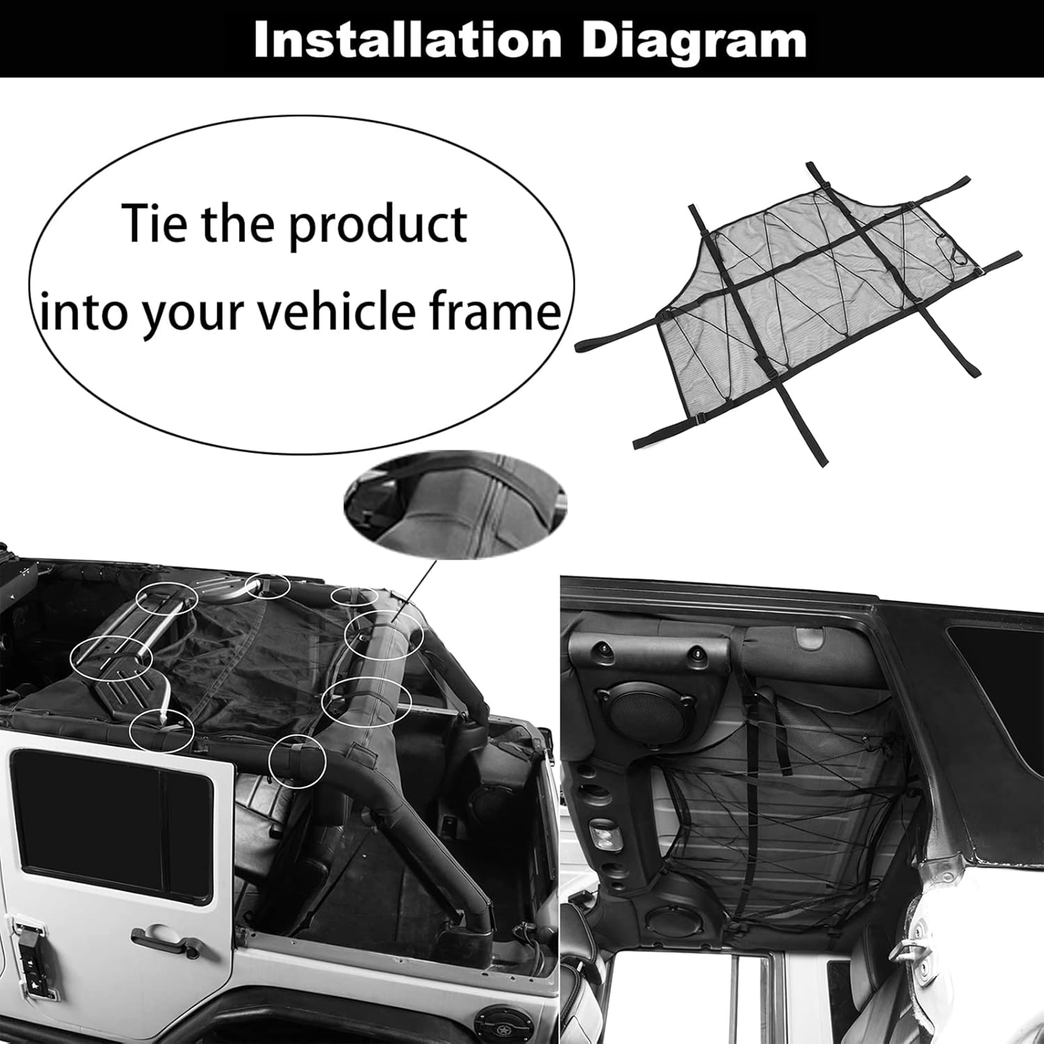 Hooke Road JKU Attic Overhead Storage Cargo Net Compatible with Jeep Wrangler JK Unlimited 4-Door 2007-2018
