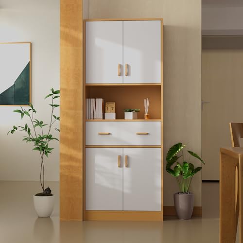 Oak and White Kitchen Pantry Cabinet, 70" Tall Kitchen Storage Cabinet with doors and drawer, Freestanding Wooden Storage Cabinet for Kitchen, Dining Room