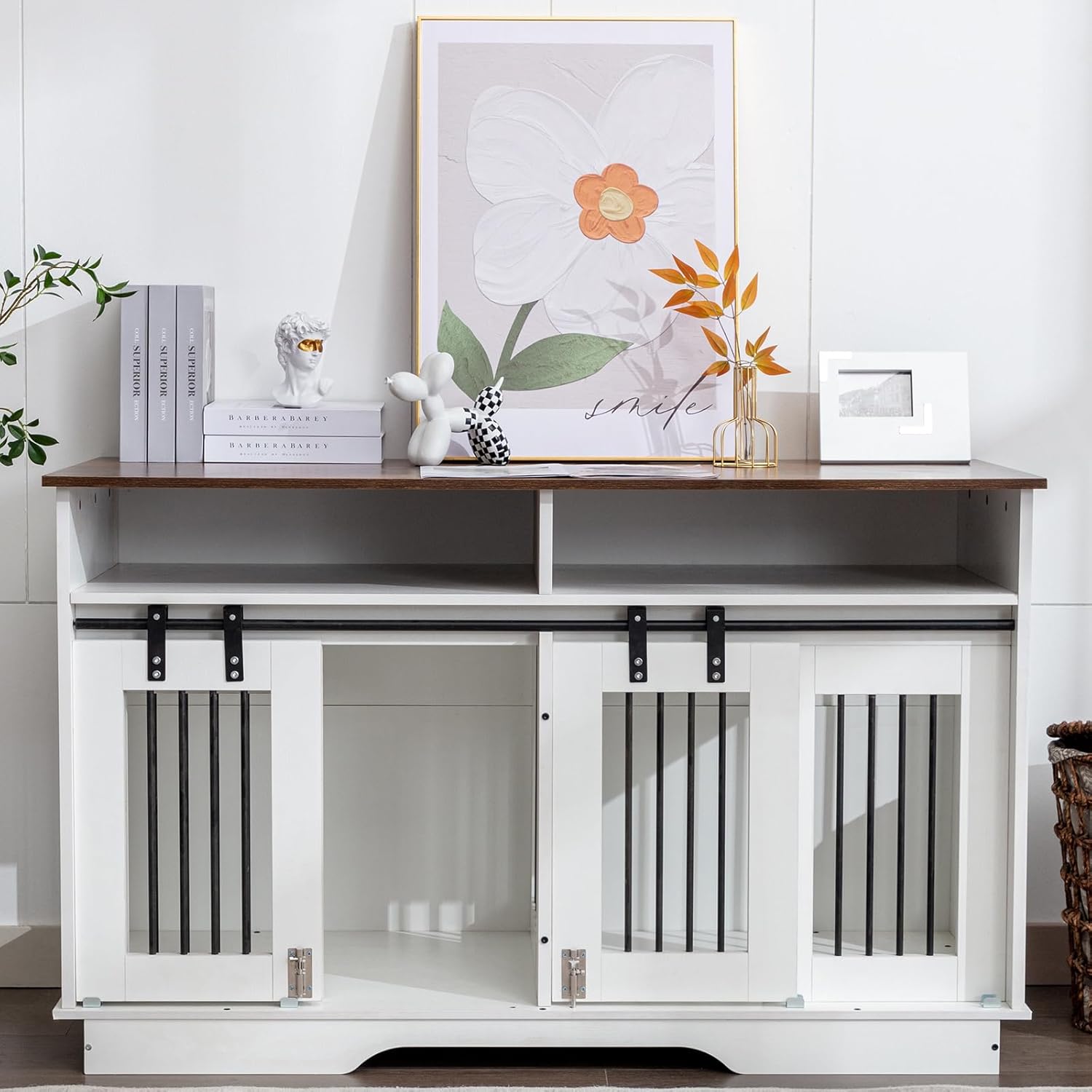 55" Double Dog Crate Furniture, 2-in-1 Wooden Dog Furniture End Table with Large Drawers, Heavy Duty Indoor Dog Kennel with Sliding Doors, Chew Resistant, for 2 Small/Medium Dogs,White