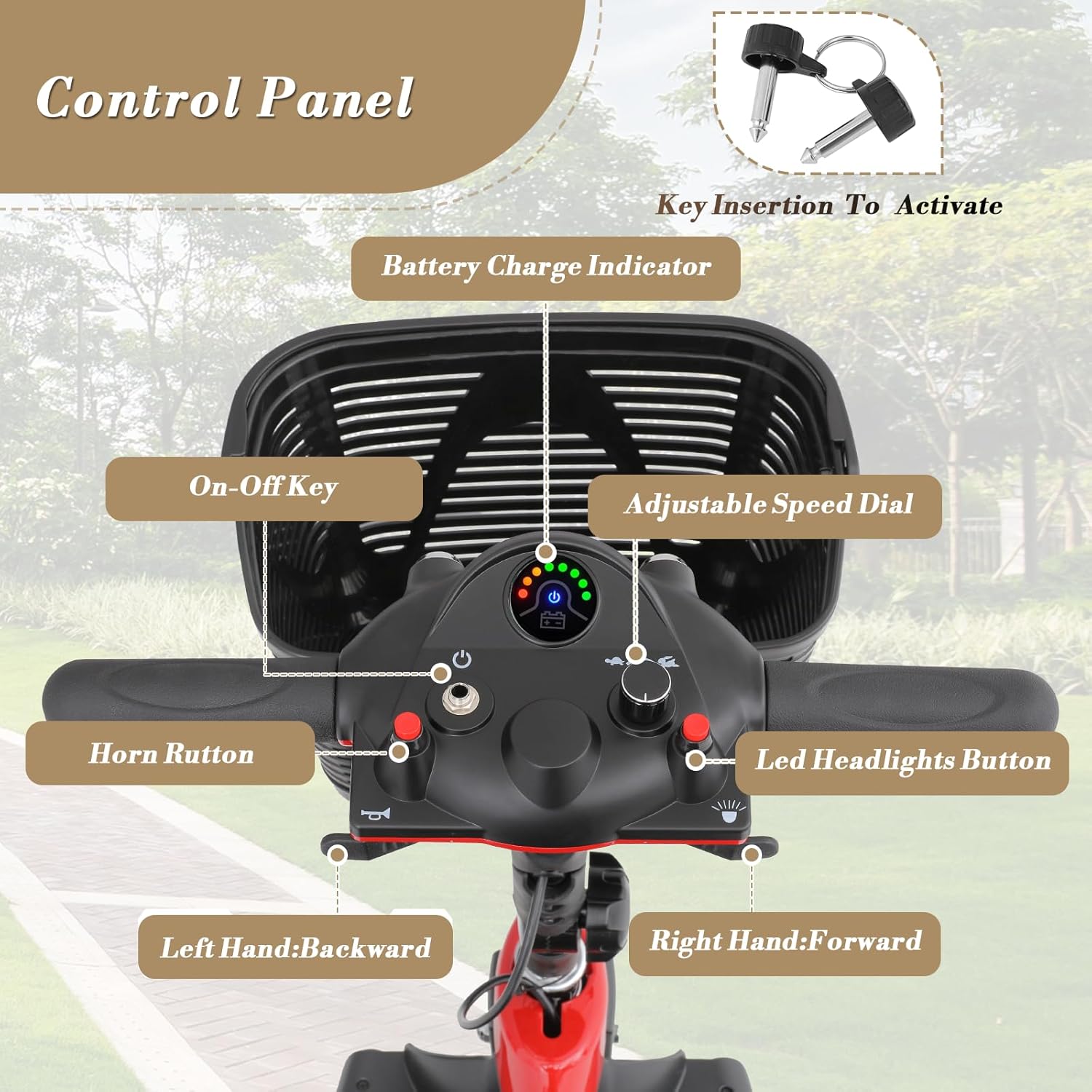 Athena Collection 3 Wheel Mobility Scooter Electric Wheelchair Scooter with Seat for Adults Seniors, Foldable Power Motorized Scooter Long Range Battery with Charger Headlights Basket, Red
