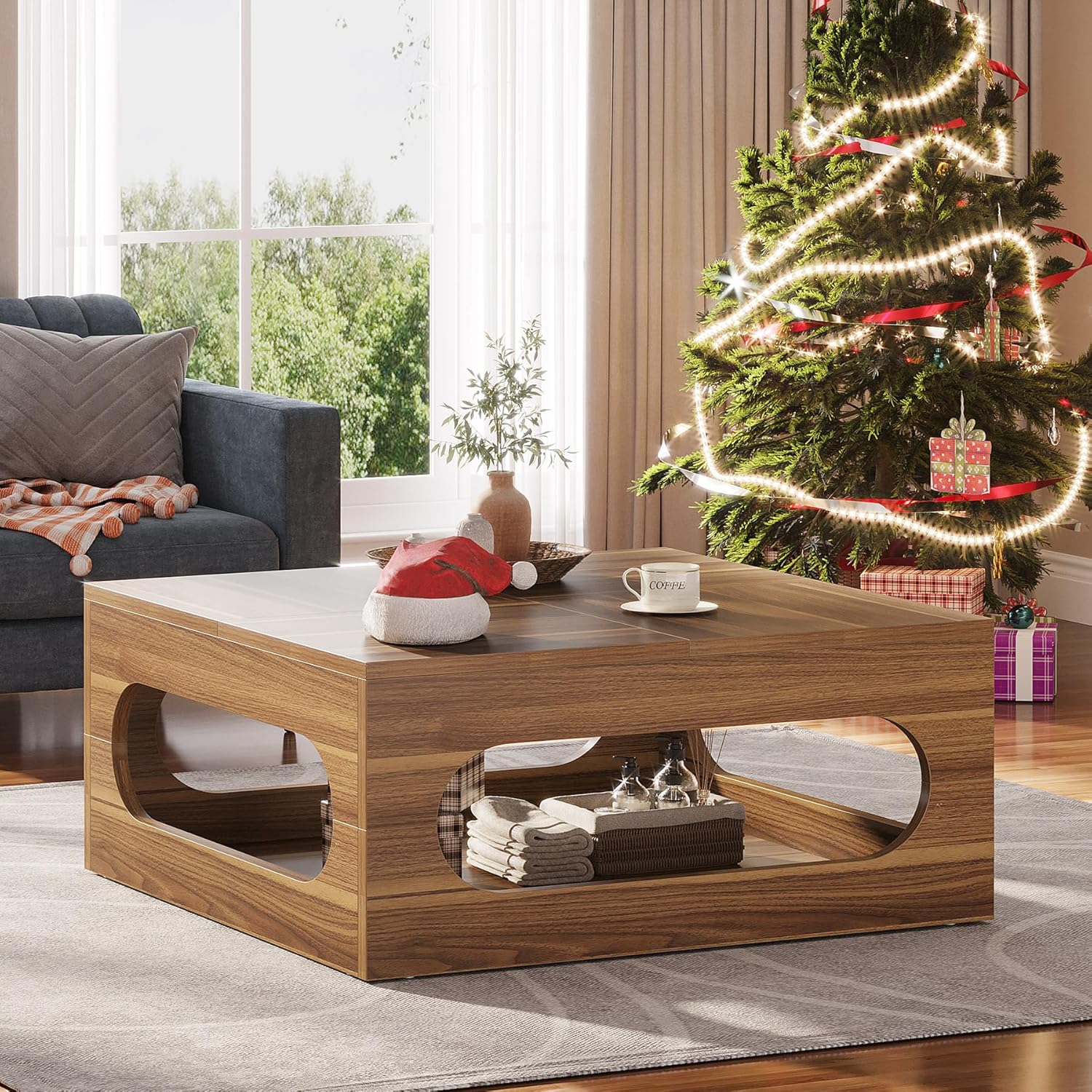 Tribesigns 43-Inch Coffee Table with LED Light, Square Coffee Table with Storage, Wood Cocktail Table, Farmhouse Center Table for Living Room Home Office, Brown
