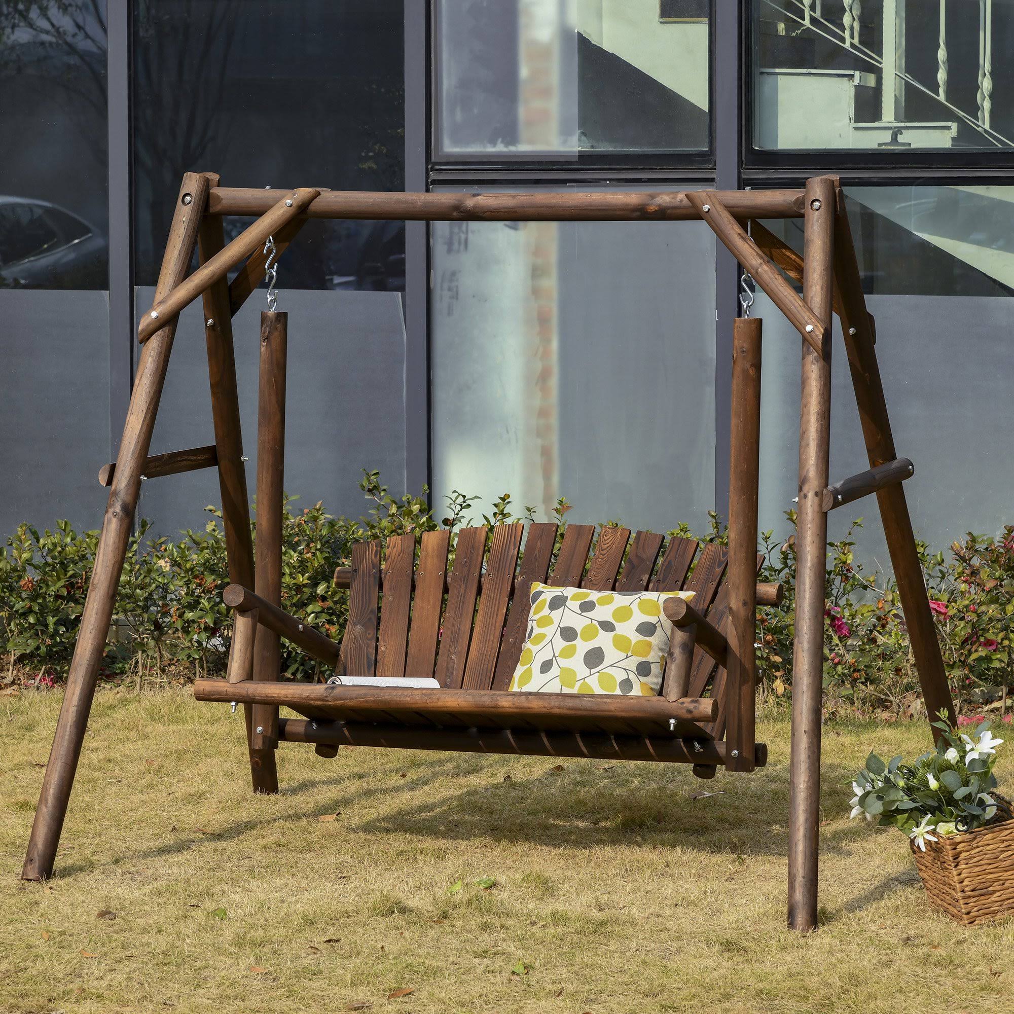 Outsunny 6.5& Outdoor Rustic Loveseat 2 Person Freestanding Solid Wood Natural Log Garden Swing - Carbonized