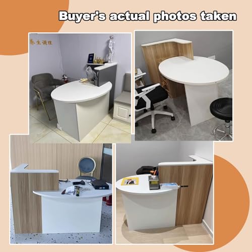  Reception Desk,Wooden Computer Desk Reception Table，White Oval Desktop & Brown Counter，Standing Front Table for Office, Home, School, Salon, Spa ( Color : Brown right , Size : 55*23.6*28.5in )