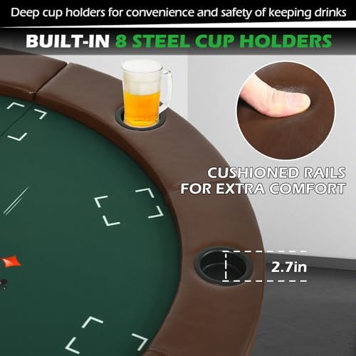 RayChee 8 Player Foldable Poker Table, Texas Holdem Table, Folding Leisure Game Table, Portable Casino Table for Game Room with Padded Rails and Cup Holders (Black, 71 inch)