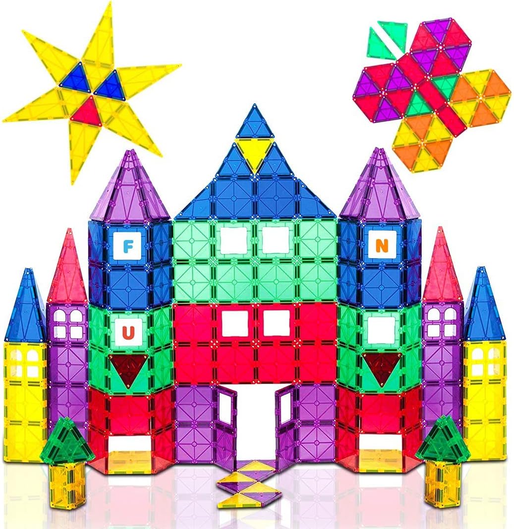 Award Winning Playmags Clear Colors Magnetic Tiles Building Set 50 + 6 Pc Set with Car - STEM Magnetic Toys Develop Motor Skills & Creativity, Colorful, Durable Magnet Building (56 Pc Set)