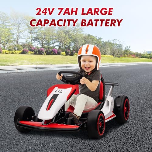 Go Kart, Electric Drift Kart Car with Adjustable Seat, 24V 7Ah Outdoor Ride On Toy, 2 * 200W Motor, 8.1 MPH, LED Lights, Toy Race Car for Kids 6-12 Years Old