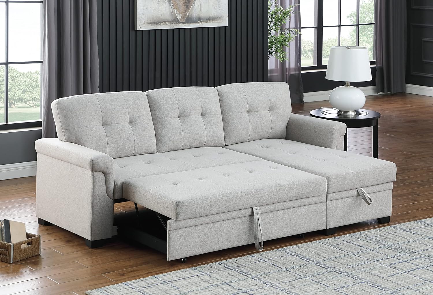 FANYE L-Shaped Linen Tufted Upholstered Reversible Sleeper Sectional Sofabed Modern Corner Convertible Sofa with Pull Out Sleep Couch Bed,Storage Chaise Daybed and Padded Armrest, 84.0", Light Gray