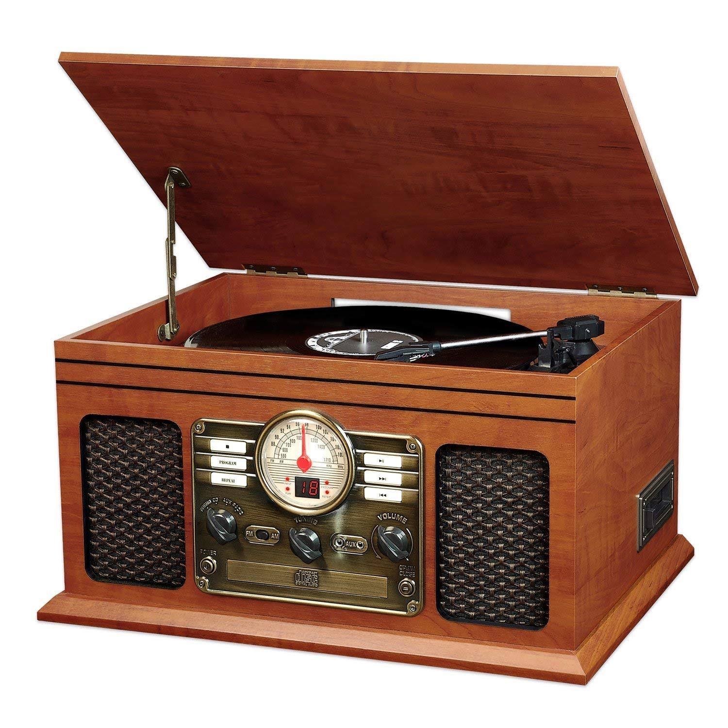 Innovative Technologies Nostalgic Classic Wood 6-in-1 Bluetooth Turntable Entertainment Center, Mahogany (Certified Refurbished)