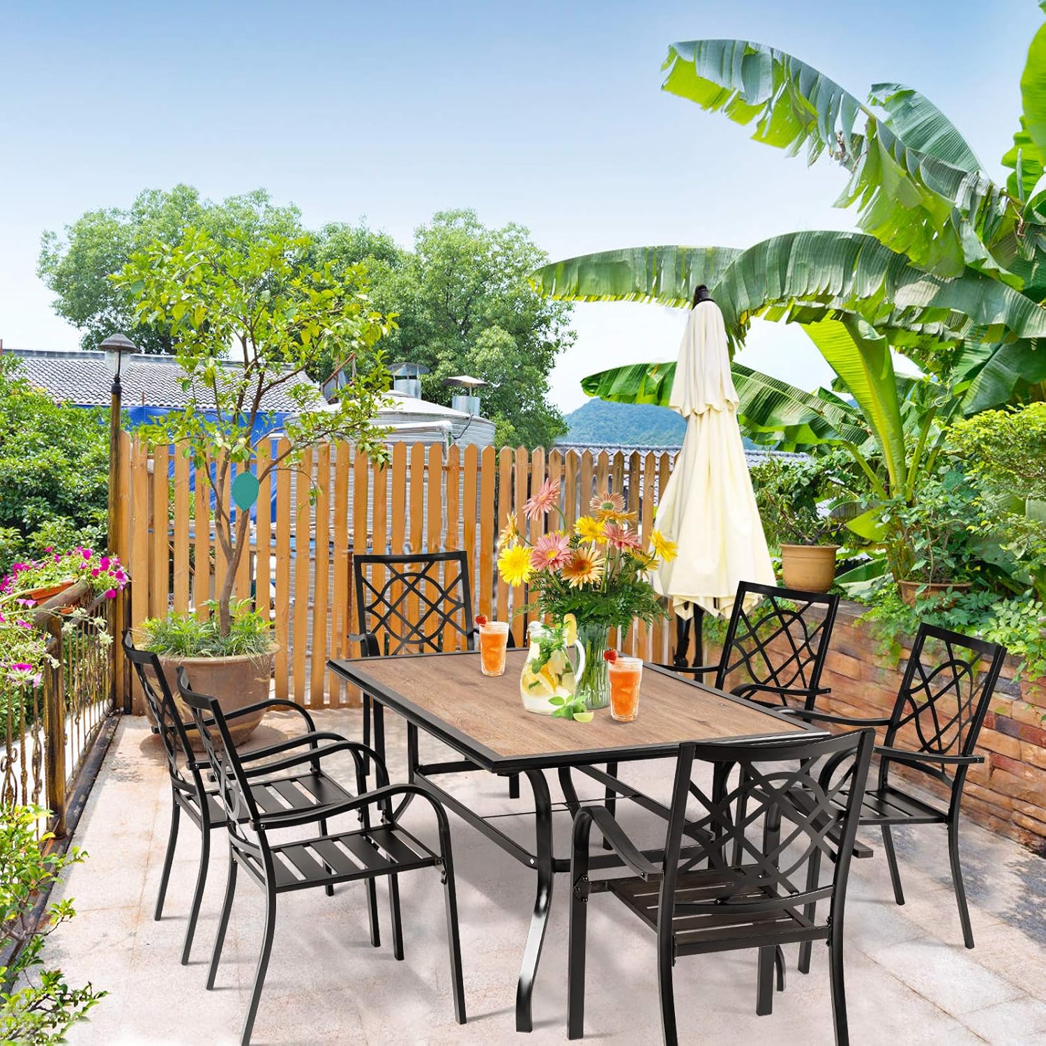 SUNCROWN 5-Piece Outdoor Wrought Iron Chairs and Table Patio Dining Furniture Set - 4 Stackable Metal Chairs and 1 Square Steel Slat Bistro Table with 1.57" Umbrella Hole for Backyard Garden Deck