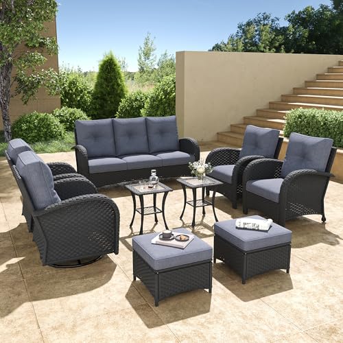 5 Pieces Wicker Patio Furniture Set, Luxury Outdoor Conversation Set with High Back Swivel Rocker Chairs