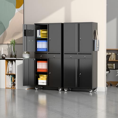 73" H Metal Storage Cabinet with Wheels, Garage Storage Cabinet with 4 Adjustable Shelves and Lockable Doors for Garage Home Office Utility Room,Required Assembly,Black
