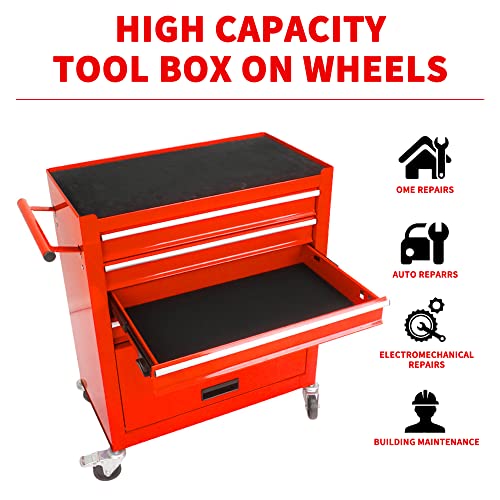 4-Drawer Tool Cart on Wheels, Rolling Tool Box，Heavy Duty Utility Industrial Service Cart Storage Organizer with Locking System, for Mechanic, Warehouse, Garage, Workshop