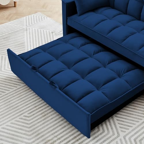 55" Velvet Convertible Sofa Sleeper w/2 Detachable Arm Pockets, Pull-Out Couch Bed Loveseat with Adjustable Backrest, for Office Living Room Apartment, 87inch, Beige