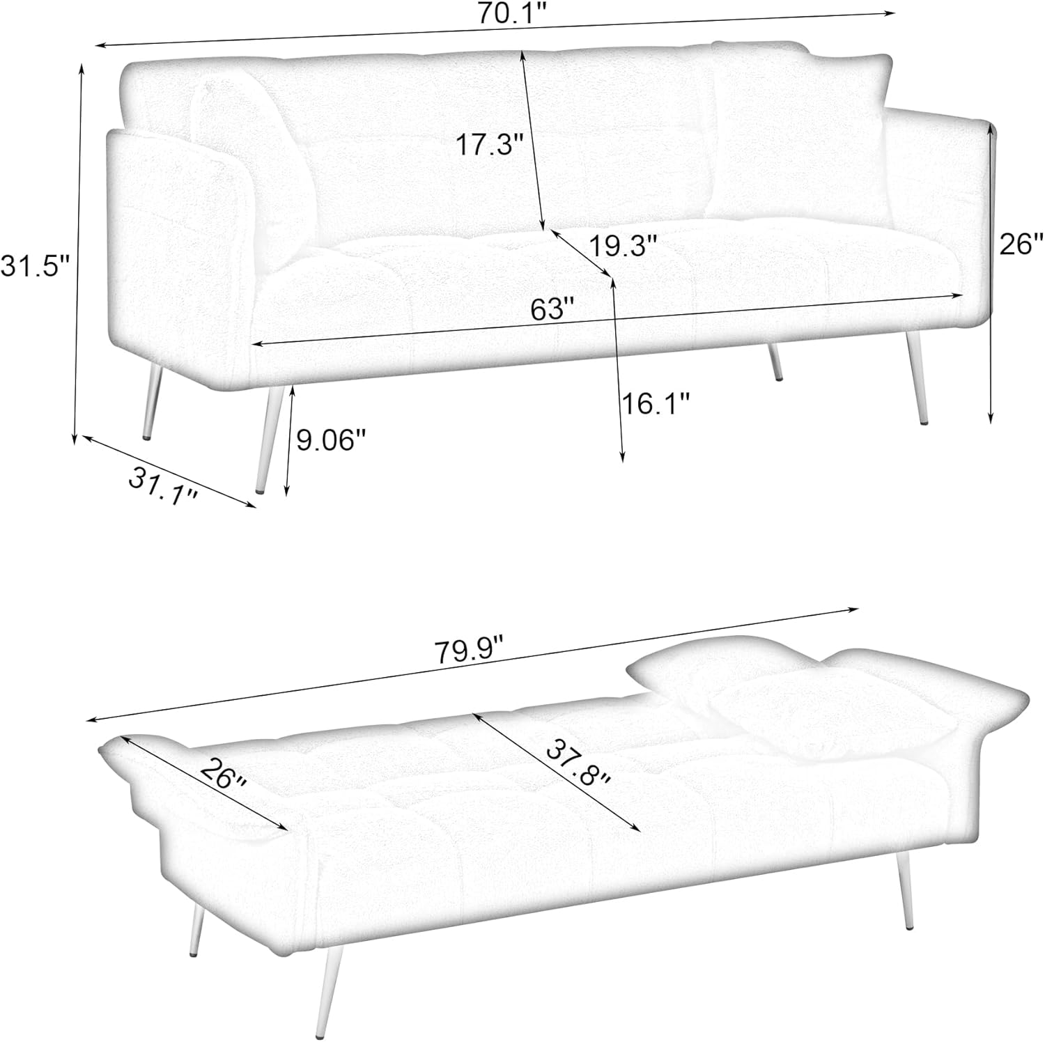 701 futon sofa bed, convertible double sofa bed with folding armrests for living rooms and