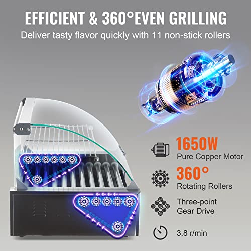 VEVOR Hot Dog Roller,5 Rollers 12 Hot Dog Capacity, 750W Stainless Steel Cook Warmer Machine with Dual Temp Control, LED Light and Detachable Drip Tray, Sausage Grill Cooker for Kitchen Restaurant