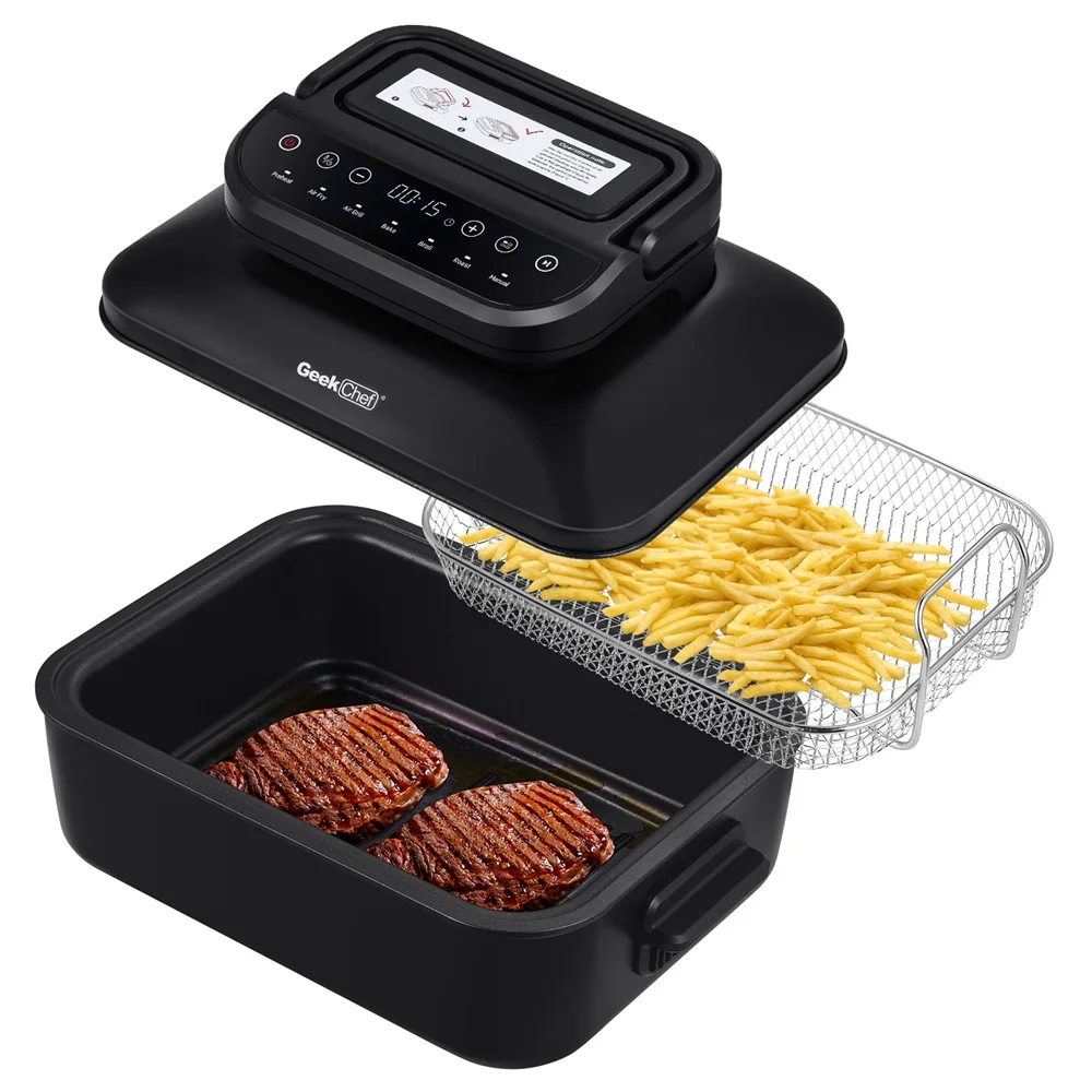 Geek Chef Electric Smokeless Indoor Grill, 7-in-1 Electric Indoor Nonstick Grill, Portable BBQ Grill with Temperature Control, Non-Stick, Dishwasher Safe, 1500W, Black