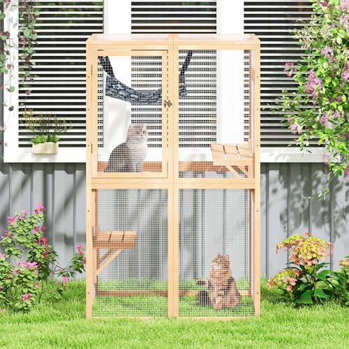 Catio Outdoor Cat Enclosure, Wooden Catio with Window Access for Patio, Indooe Kitty House (Black)