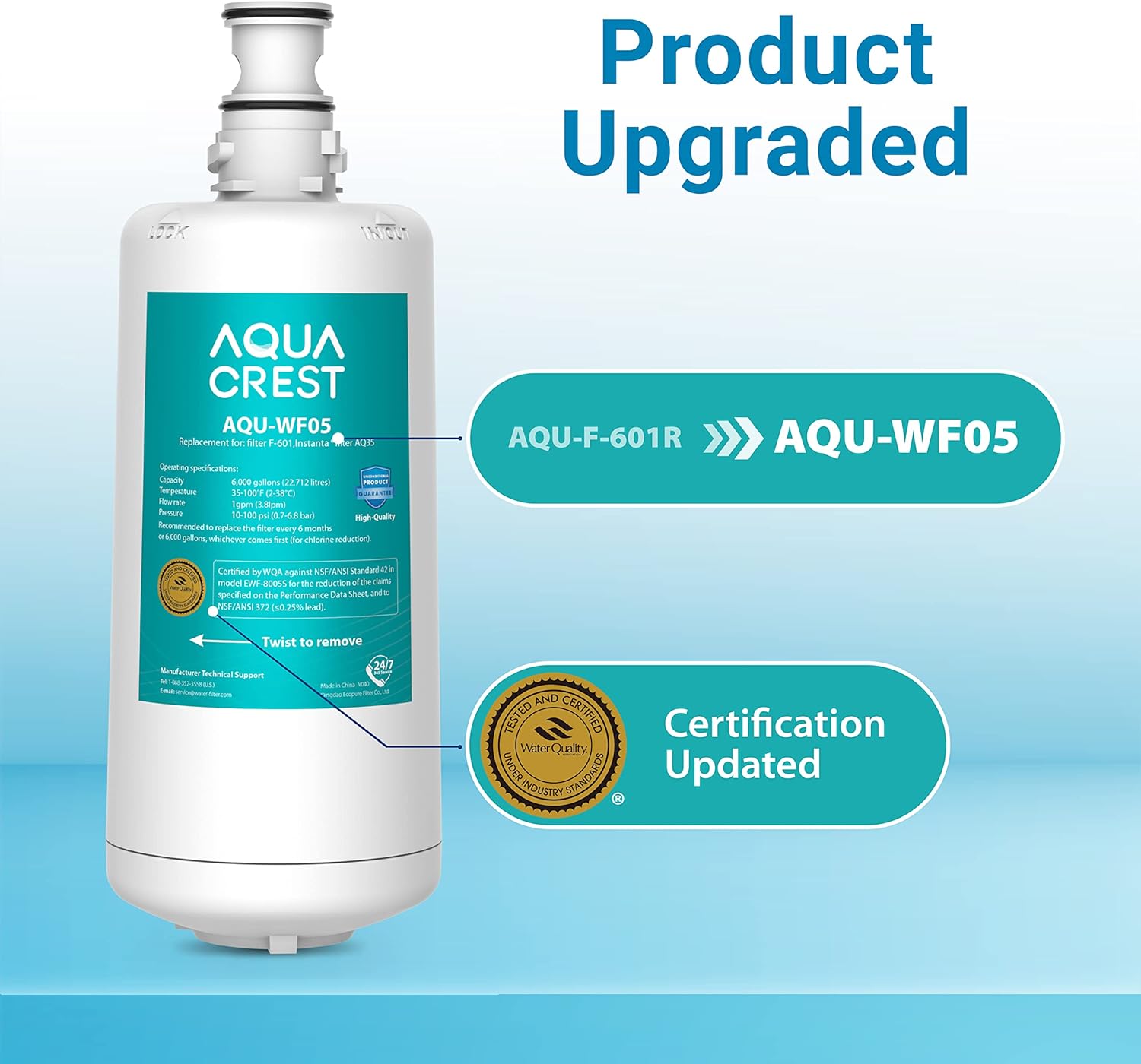 AQUACREST F-601R Filter Cartridge, NSF/ANSI 42 Certified, Replacement for F-601R Filter Cartridge (Pack of 2), Model No.WF05.