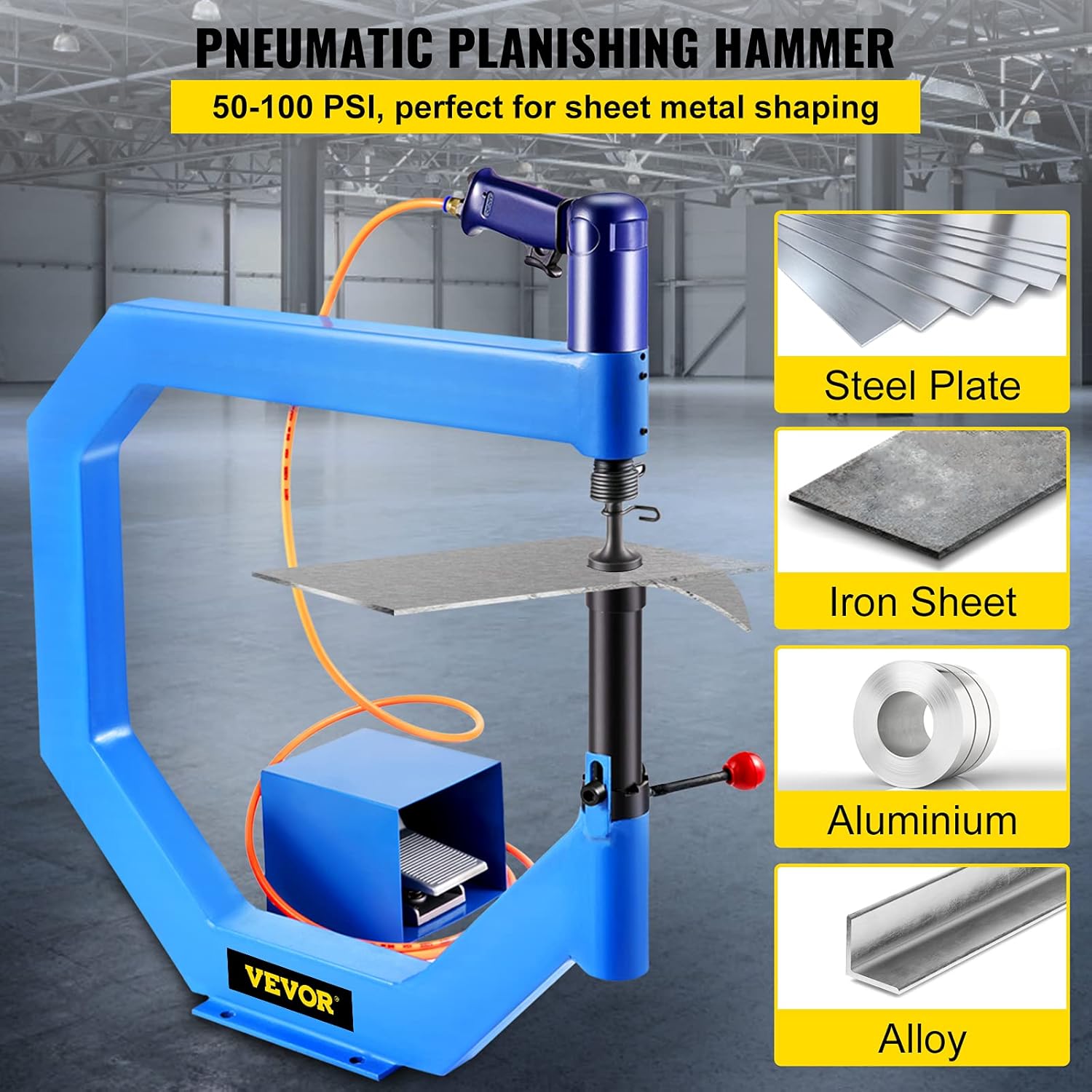 VEVOR Pneumatic Planishing Hammer, 19.63" Throat Power Hammer Blacksmithing, Planishing Hammer Auto 1/2/3" Radius Anvil, Planishing Air Hammer, English Wheel w/Foot Pedal for Industrial Metal Shaping
