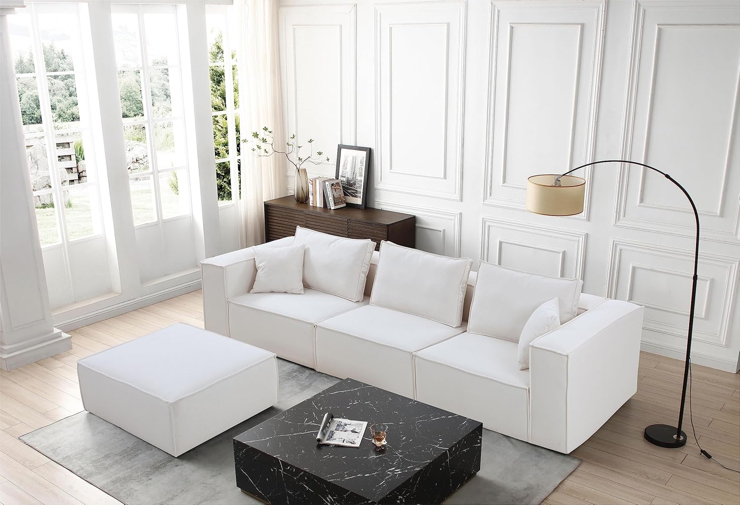 129.13 inches L Shaped Modular Sofa Couch with Ottoman, White Sectional Sofa with Reversible Chaise for Living Room Apartment Home Office (3 Seat)
