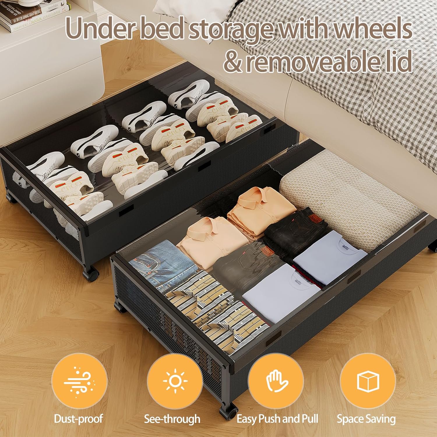 Under Bed Storage with Wheels,2 Pack Under Bed Shoe Storage, Under the Bed Storage Drawers with Remove Window, Extra Large Rolling Under Bed Storage Metal Drawer for Clothes (Black-2 pack)