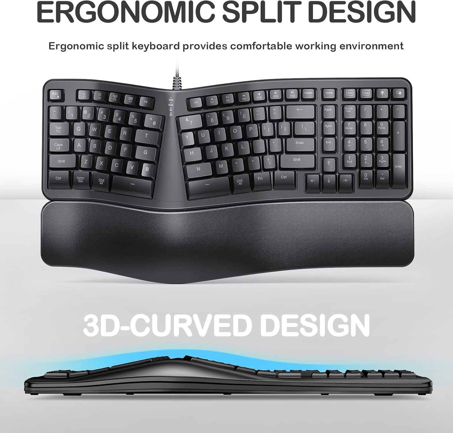 Backlit Wired Ergonomic Keyboard USB Split Keyboard with Wrist Rest and Comfortable Typing, 104 Keys, 10 Shortcuts, 5.2ft USB Cable for Windows, Mac and Laptop PC Computer