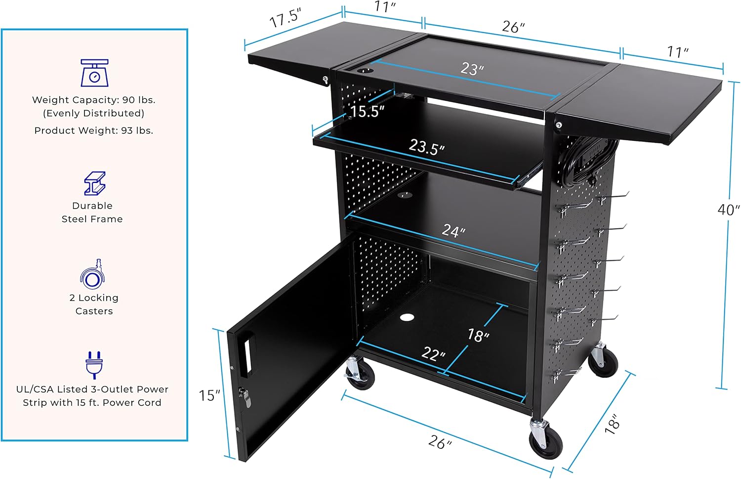 Line Leader Stellar AV Cart | Computer Cart with Pegboard Siding & 12 Hooks for Customizable Storage | Locking Cabinet & Pullout Keyboard Tray | UL Safety Certified Power Outlets | Locking Wheels