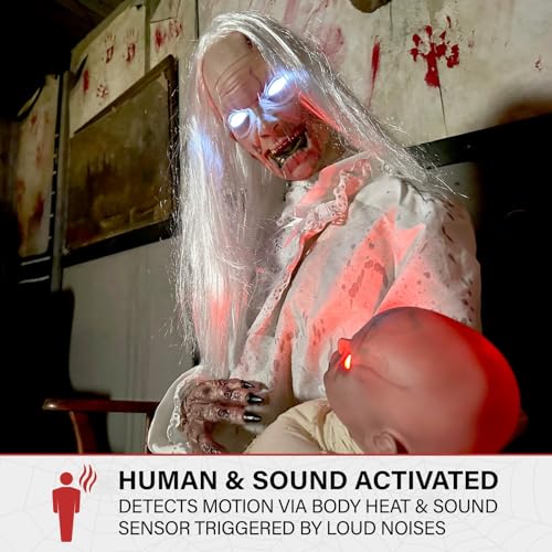 Haunted Hill Farm Life-Size 2.9-Ft Animatronic Gravely Granny by Tekky Halloween Decoration with Motion-Activated Sounds