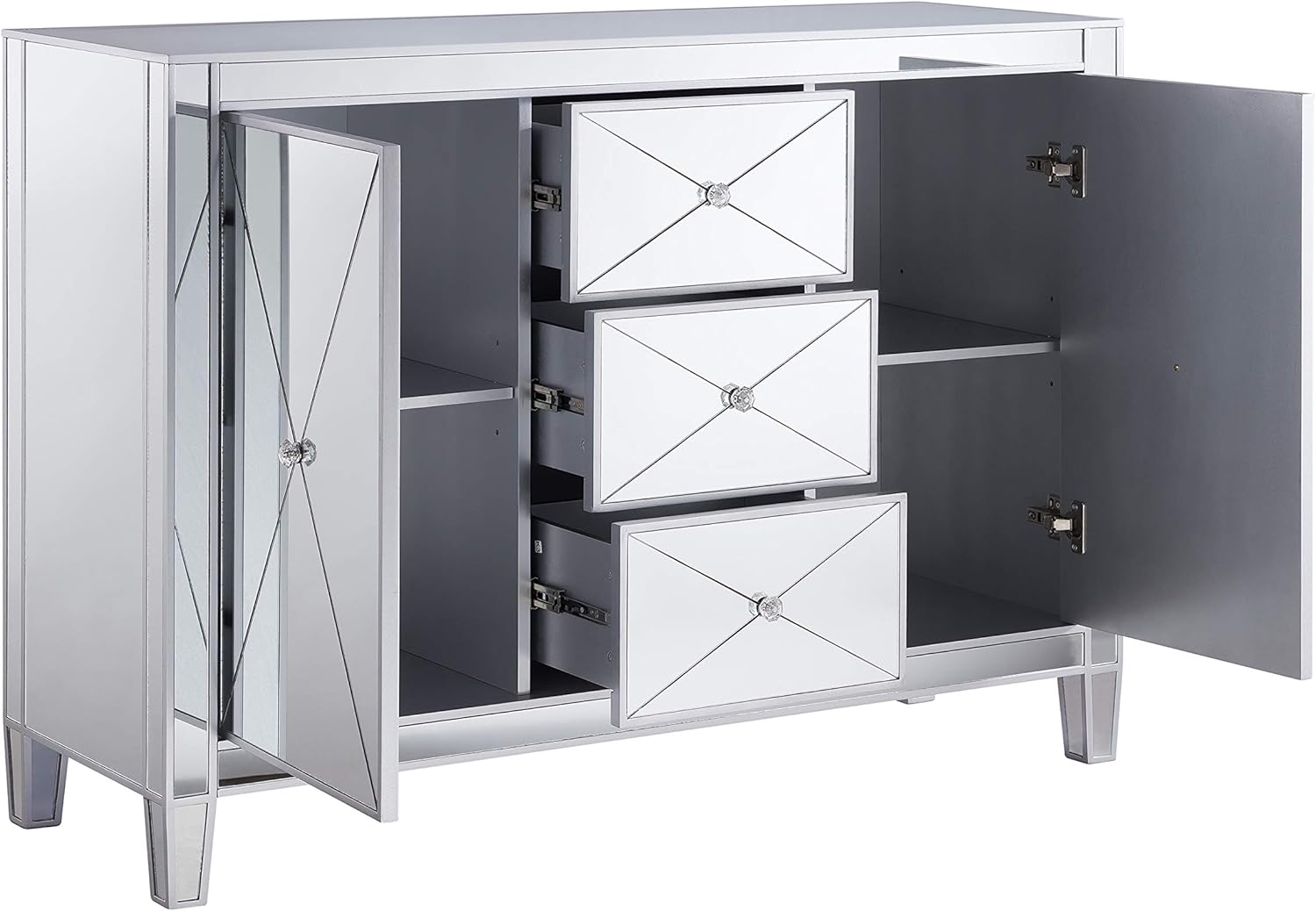 SEI Furniture Mirage Mirrored 3 Drawers, Faux Crystal Knobs, and Matte Silver Trim Cabinet