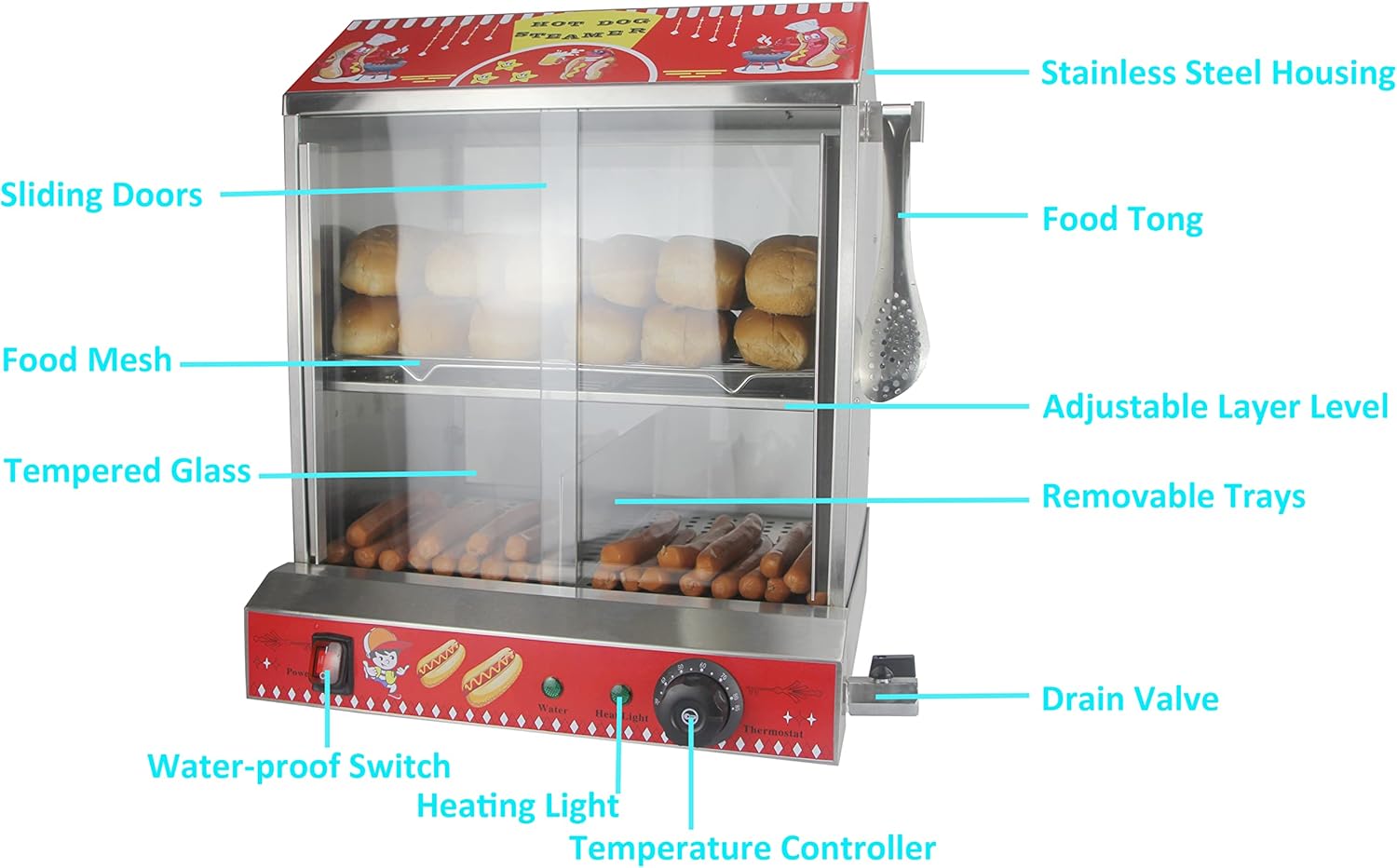 Hot Dog Steamer with Bun Warmer Machine Commercial Hot Dog Hut