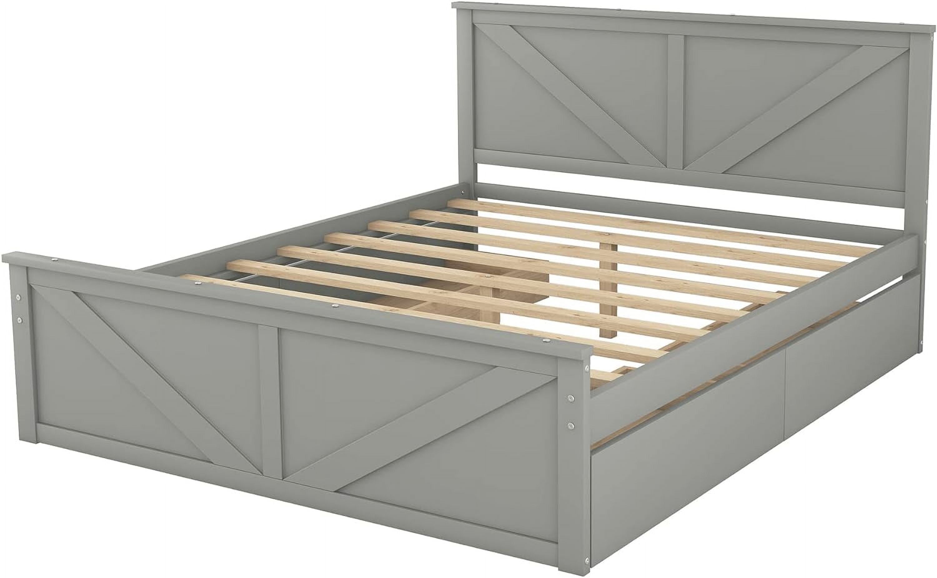 Queen Bed Frame With 4 Storage Drawers Wood Platform Bed With Headboard And Footboard Panel Beds With Slats For Boys, Girls, Kids, Teens, Gray