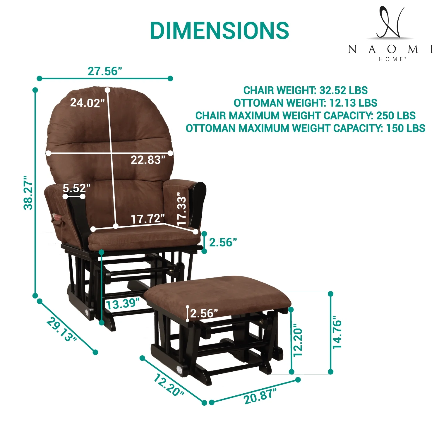 Nursery Glider & Ottoman Sets, Reclining Swivel Glider Rocker with Ottoman, Nursery Rocking Chair for Baby Room, Upholstered Nursery Recliner Glider with Ottoman, Padded Arms - Chocolate, Black