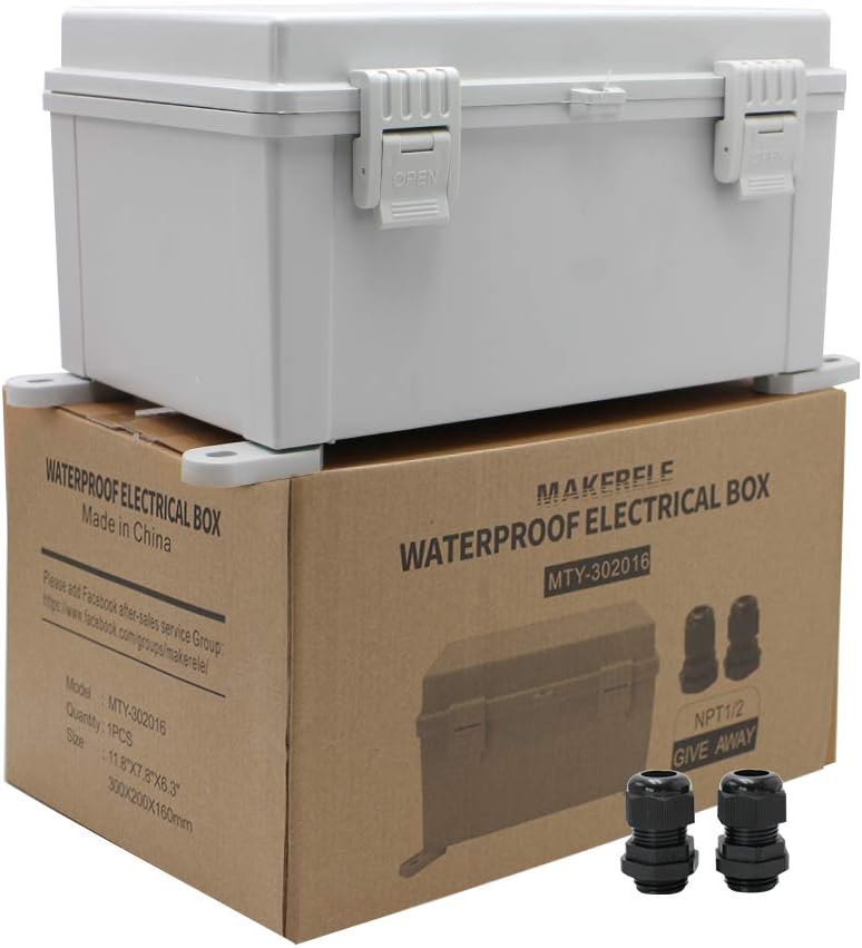 MAKERELE Outdoor Electrical Box Weatherproof Includes Internal Mounting Panel 15.711.86.7 (400300170mm) Large Project Box for Electronics Hinged Cover Plastic Clip with 2 NPT 3/4” Glands