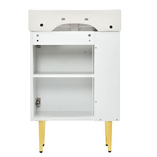 22" Small Bathroom Vanity with Sink, Bathroom Vanity Cabinet with Ceramic Vessel Sink Left Side Storage, Single Sink Vanity with Top, Freestanding Bathroom Sink and Cabinet Combo Set, White