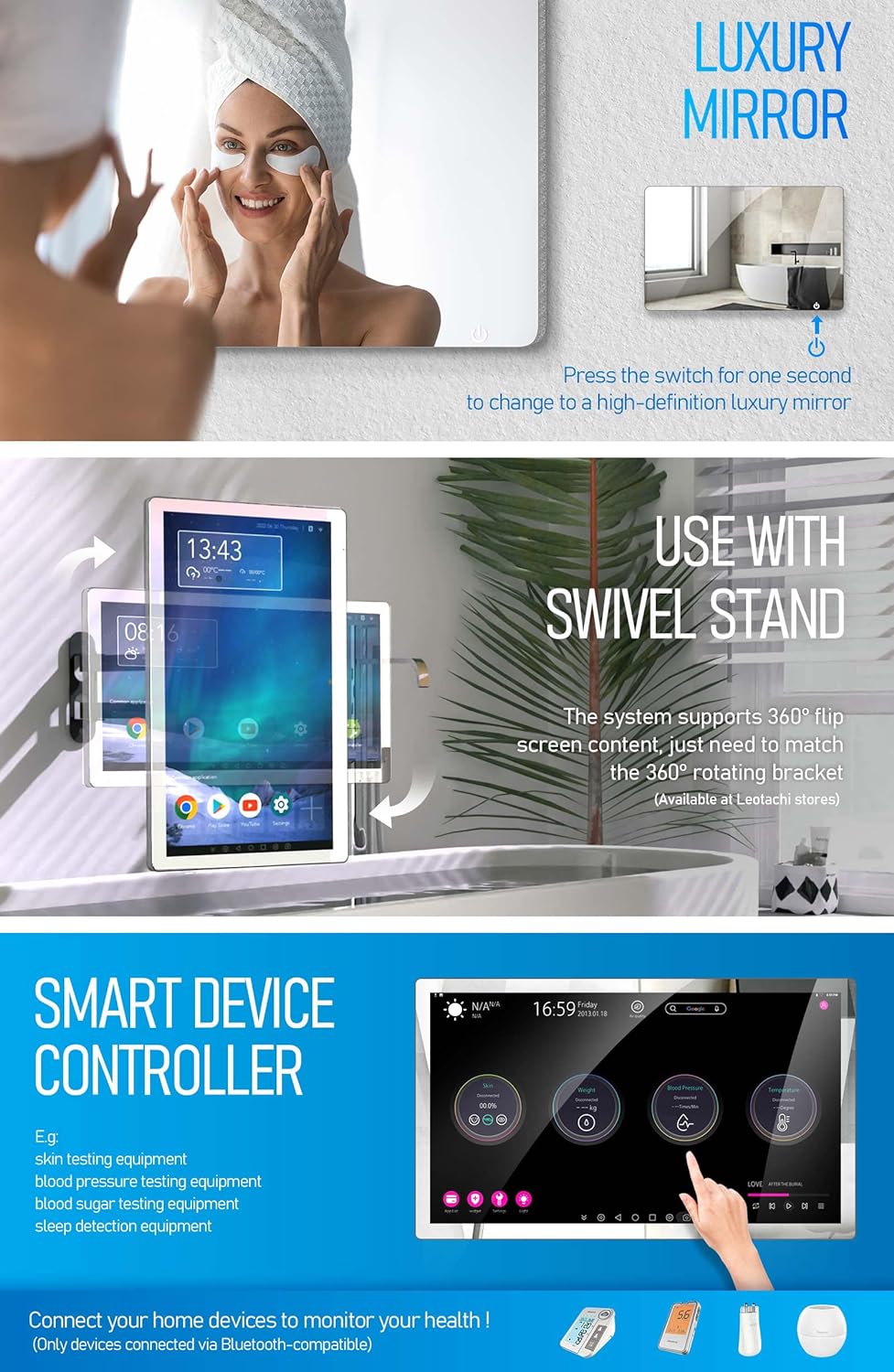 21.5 inch Smart Touchscreen Mirror IP66 Waterproof TV for Bathroom Shower - Support 360° Rotation, Full HD 1080P Built-in Android 11.0 OS WiFi/LAN/USB/BT/HDMI(Black)