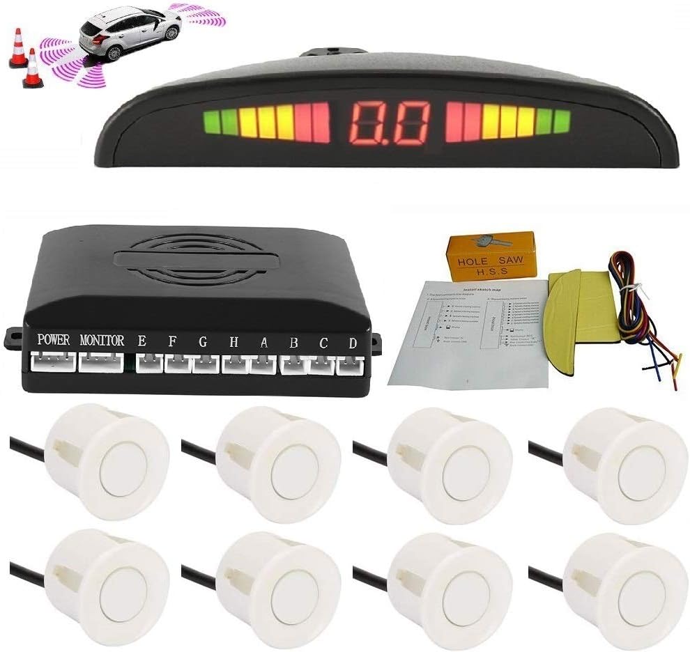 Car Parking Sensor - Bessie Sparks Car Reverse Parking Radar System 8 Reversing Sensors Kit with Front and Rear Alarm Buzzer Reminder LED Display Safe Driving (White) Pack of 2