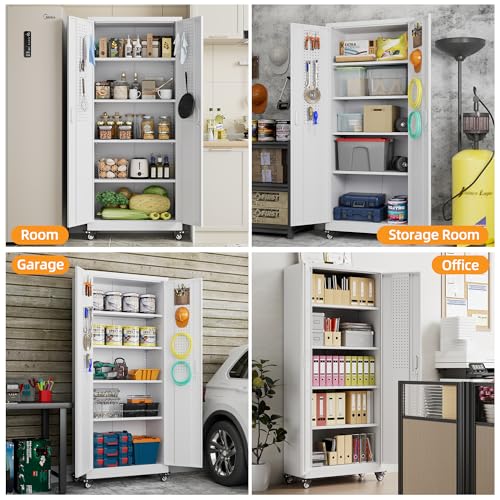 73" H Metal Storage Cabinet with Wheels, Garage Storage Cabinet with 4 Adjustable Shelves and Lockable Doors for Garage Home Office Utility Room,Required Assembly,Black