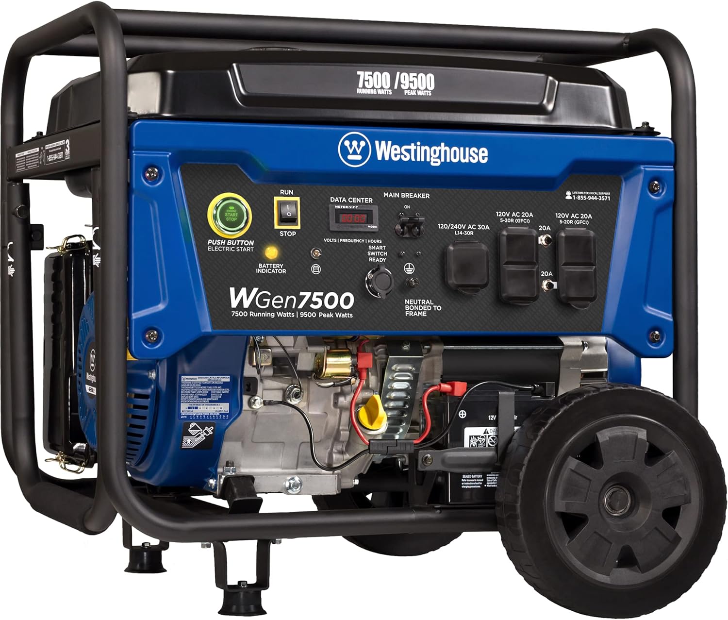 Westinghouse Outdoor Power Equipment WGen7500 Portable Generator with Remote Electric Start 7500 Rated Watts & 9500 Peak Watts, Gas Powered, CARB Compliant, Transfer Switch Ready