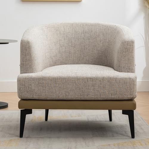 Modern 2 Tone Accent Barrel Chair with Linen and PU, Thick Cushion, Metal Legs, Upholstered Arm Chair for Living Room Reading Room Bedroom (Mustard Green)
