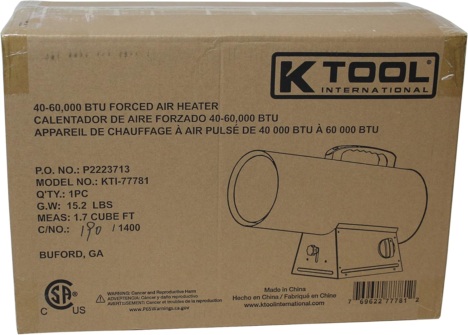 Propane Heater Industrial Space Heater for Garage and Workshop 40,000-60,000 BTU Forced Air Heater K Tool International KTI77781