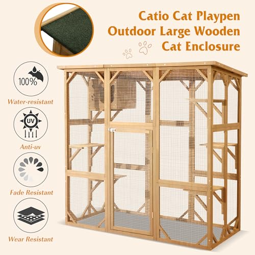 Grepatio Cat Enclosure Large Outdoor Catio Wooden Cat House with Weatherproof, Cat Cage Condo Indoor Playpen with Platform and Small House(Grey)