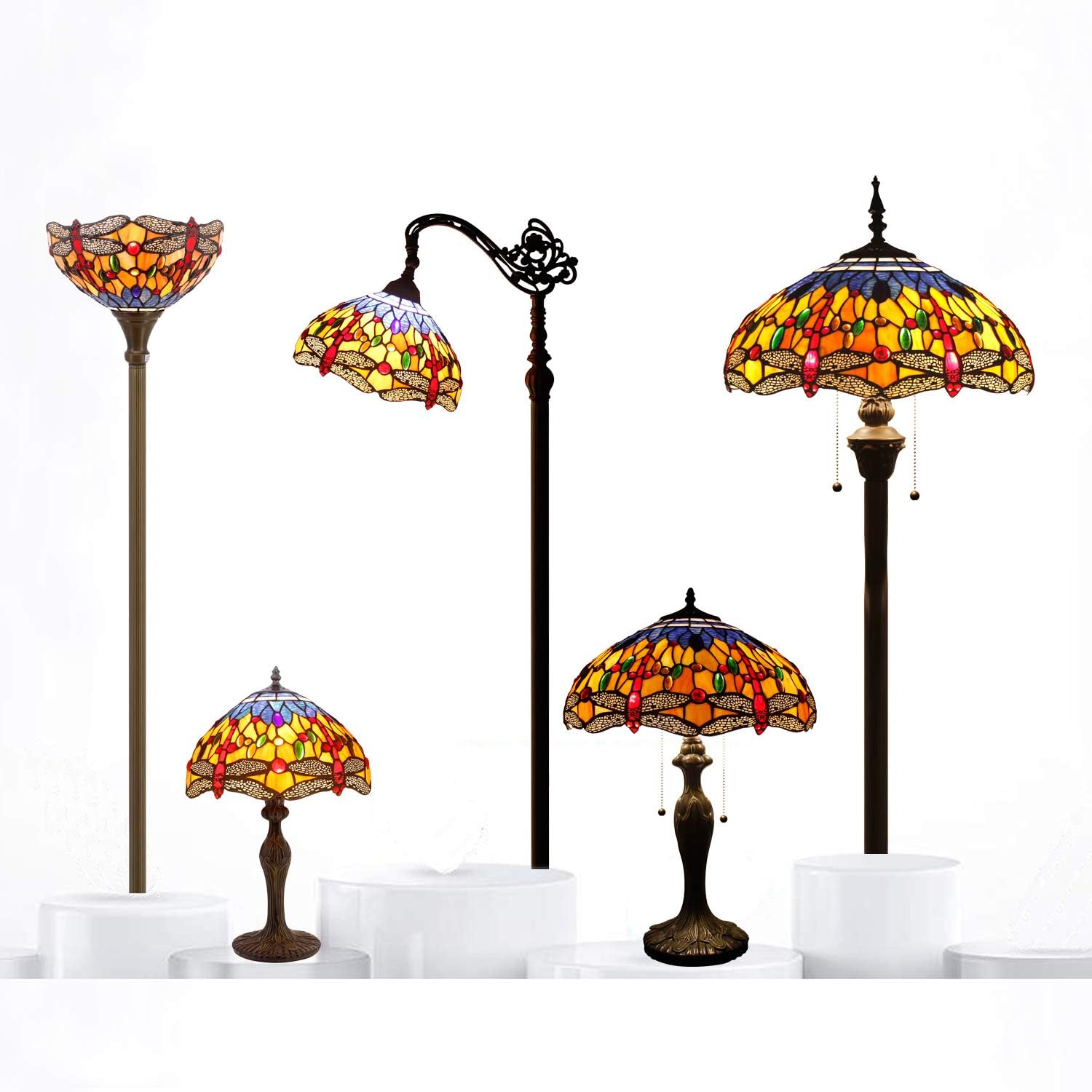 WERFACTORY Tiffany Lamp Stained Glass Bedside Table Lamp Orange Blue Dragonfly Style Reading Desk Light 12X12X18 Inches Decor Bedroom Living Room Home Office S168 Series